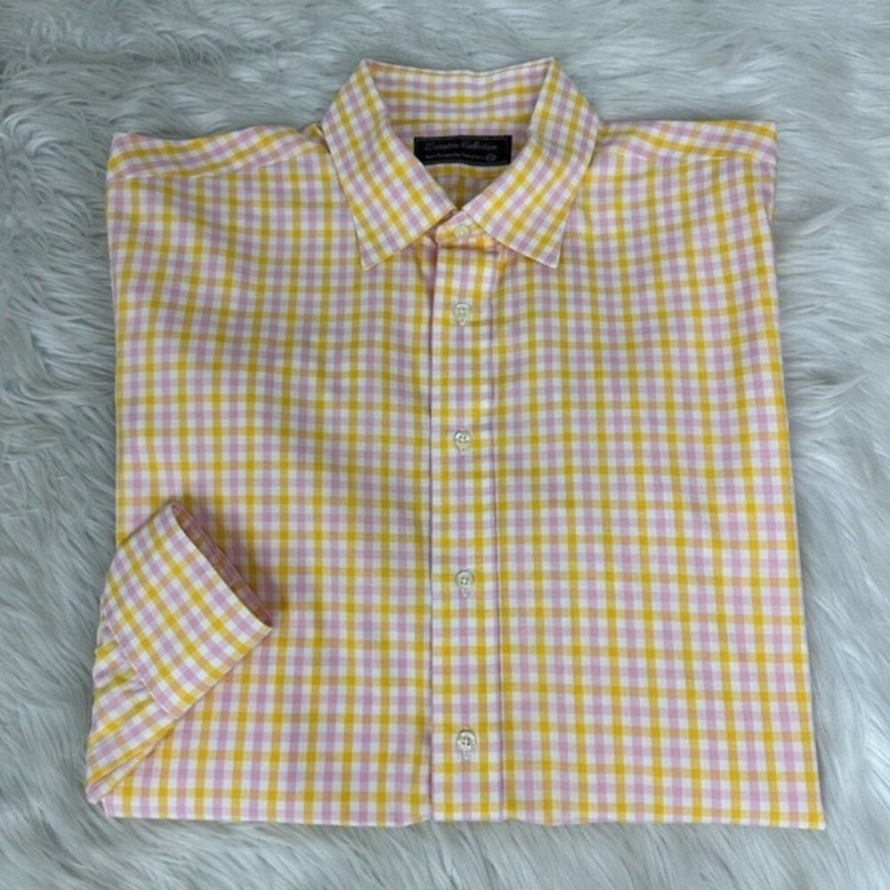 Tom James Executive Collection Mens Yellow Pink Gingham Button Down Shirt XL USA